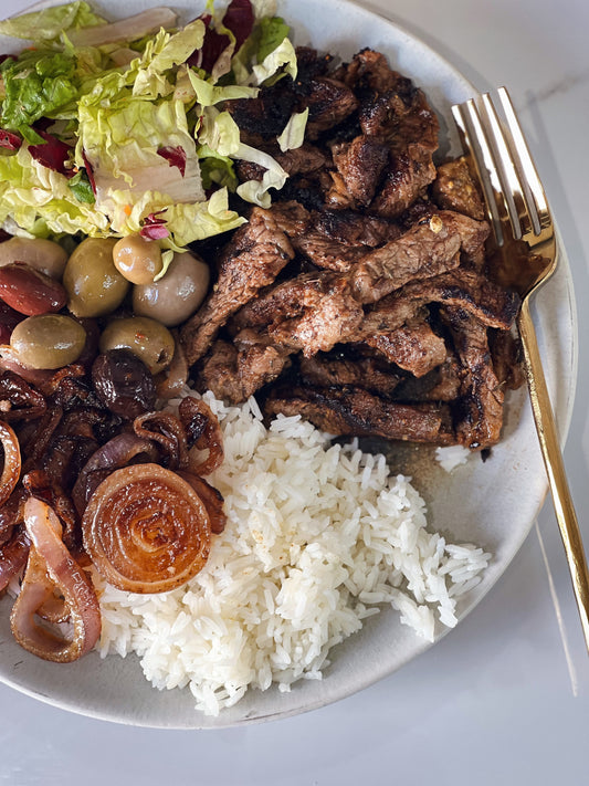 Steak Dinner with Caramelized Red Onions