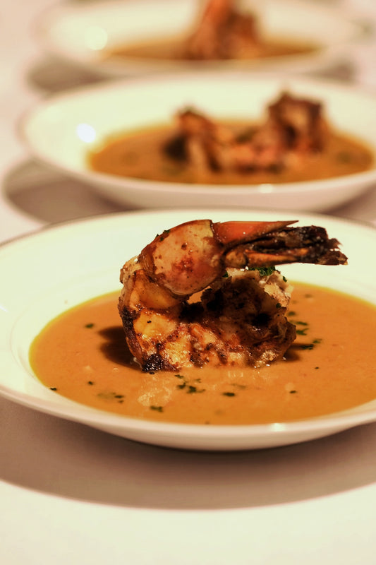 Peanut Butter Bisque with Mango Chili Medley marinated Jumbo Prawns